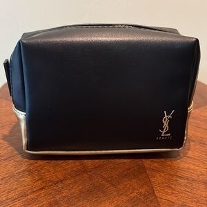 YSL  Beaute Bag  Black/gold vinyl lined in black nylon  YSL gold foil front logo
